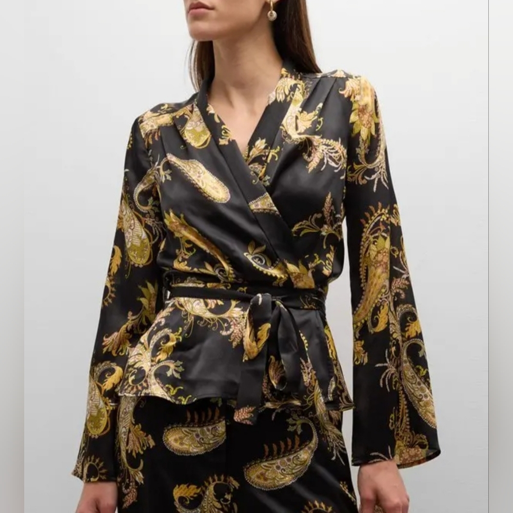 NWT L'AGENCE Olive Paisley Print Silk Wrap Kimono Blouse Black SOLD OUT Size M